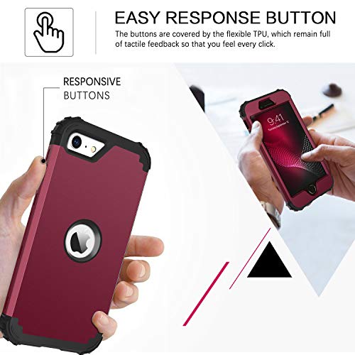 Bentoben Iphone Se 2022 Case, Iphone Se 2020 Phone Case, Heavy Duty 3 In 1 Full Body Rugged Shockproof Hybrid Hard Pc Soft Rubber Bumper Drop Protective Girls Women Boy Men Se Cover, Wine Red/Burgundy #TOP4