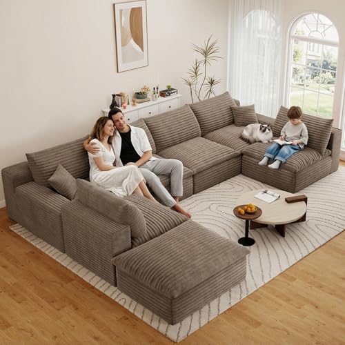Image of 136 inch Cloud Couch Modular Sectional Sofa for Living Room, U-Shape Boneless Couch with Deep Seat, Modern Corduroy 6-Seater with Ottoman, No Assembly Required, Camel