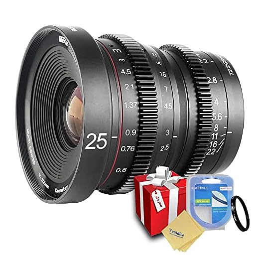 Venidice Meike - Lente de enfoque manual para Olympus Panasonic M4/3-Mount GF7 GH1 GH2 GH3 G6 GX1 GX7 GX8 GH4 + Venidice Colth (25 mm)