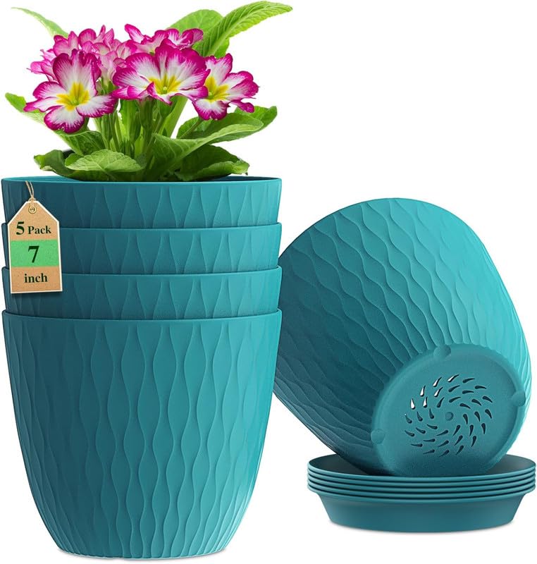 Image of StyleX Store Plastic Round Flower Pots With Drainage Hole Saucers | Durable Outdoor Indoor Wave Pattern Planters with Tray | Plant Container for Garden, Office, Balcony and Home (Set of 5, Blue Green)