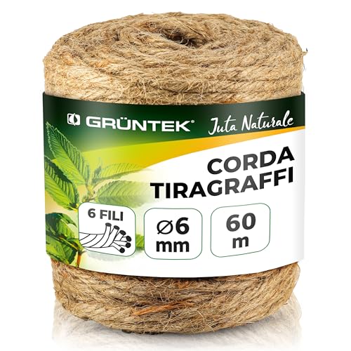 GRÜNTEK Corda Tiragraffi per Gatti 6mm - Spago per Decorazioni, Orto, Giardinaggio 60 Metri | Corda Sisal in Juta 100% Naturale Canapa Biodegradabile e Resistente.