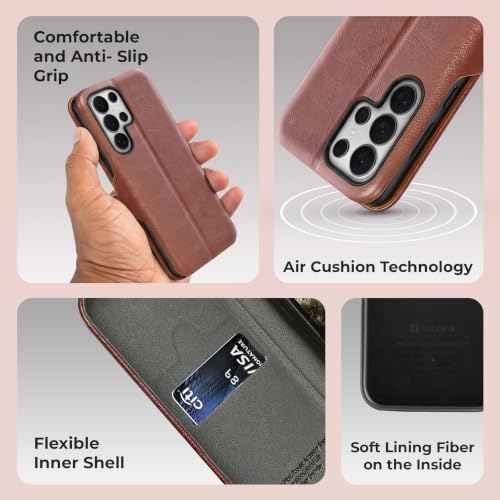 Image of PULOKA Premium Vegan Leather Phone Cover with Card Slot - Compatible with Samsung Galaxy S25 Ultra - Sleek Flip Case, Slim, Durable, Privacy Protection, Kickstand Function (Brown)