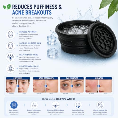 Image of ANTIL'S Silicone Ice Face Bowl with Built-in Ice Tray - Collapsible Facial Ice Bath Tub for Skin Tightening, Acne Relief & Cold Plunge Therapy - Portable Spa Tool for Home & Travel (Pack of 1) Black Color