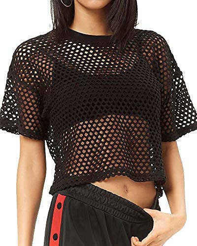 Women's Mesh Cover Up See Through Fishnet T-Shirt Crop Top