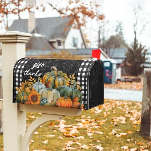 Image of Fall Pumpkin Magnetic Mailbox Cover Standard Size 18 inchx21 inch - Thanksgiving Autumn Harvest Buffalo Plaid Wrap for Home Garden Yard Post Letter Box