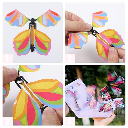 Gleemix 4 Stück Magische Fliegende Schmetterling Spielzeug, Fliegender Schmetterling Züchten Karte, Magic Butterfly Scherzartikel, Zaubertricks Kinder Überraschung Geschenk, für Geburtstag, Hochzeit