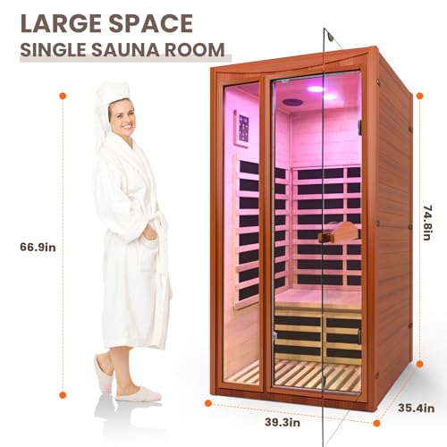 Image of OUTEXER Far Infrared Sauna Home Sauna Spa Room for 1-2 Person Low-EMF Canadian Hemlock Wood 1550W Indoor Saunas with 7 Color Light 39.3 * 35.4 * 74.8Inch