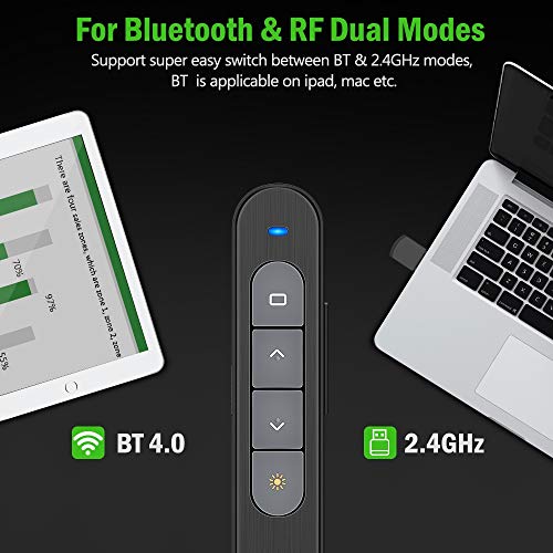DinoFire for Bluetooth Green Light USB Rechargeable Presentation Remote Powerpint Clicker RF 2.4 GHz Dual Modes Wireless Presenter Slide Advancer Hyperlink for Mac/Keynote/PC/PPT