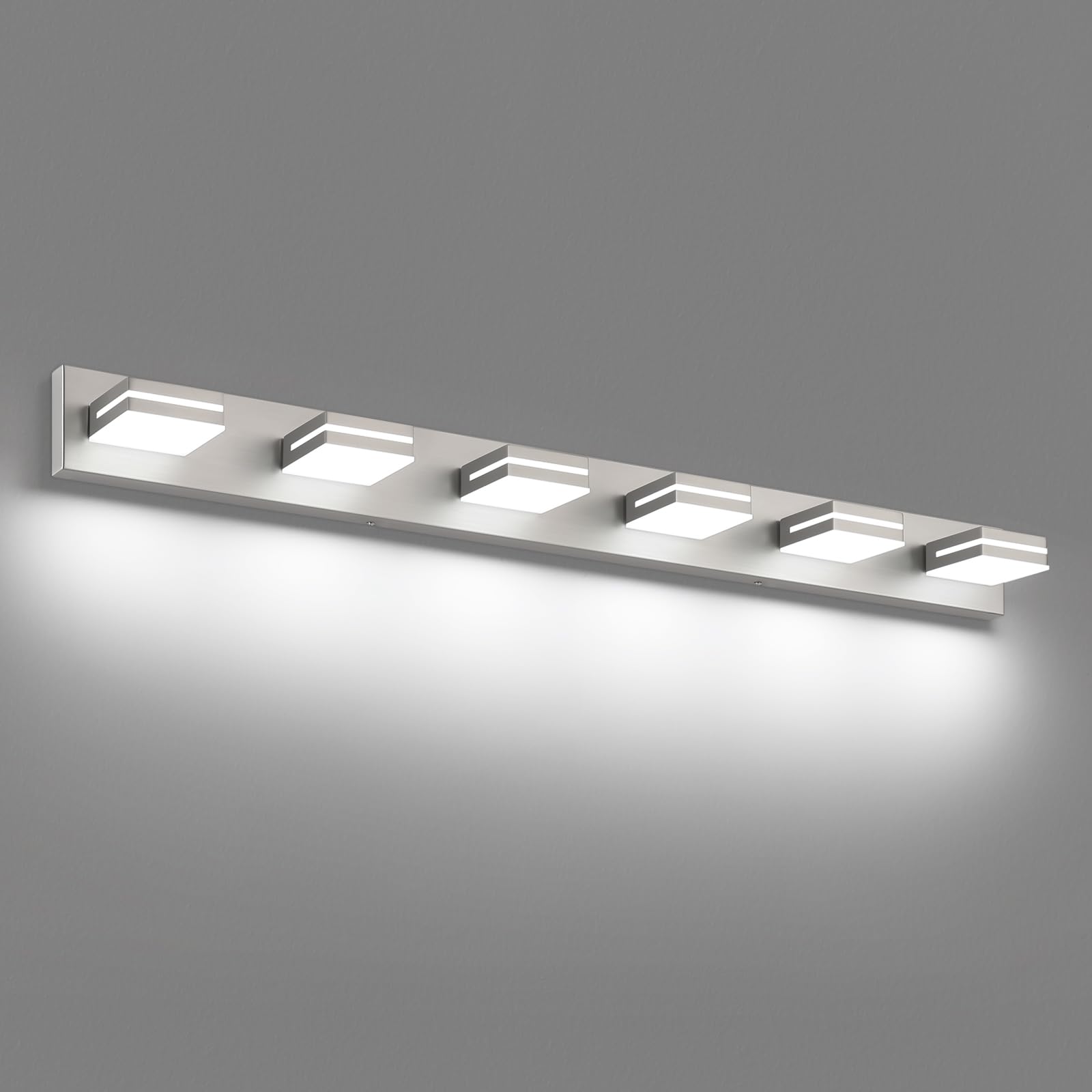 SineRise LED Modern Bathroom Vanity Light Fixtures, Modern Acrylic Bathroom Wall Lighting Fixtures Over Mirror, 6-Light, 48-Inch, Nickel, White