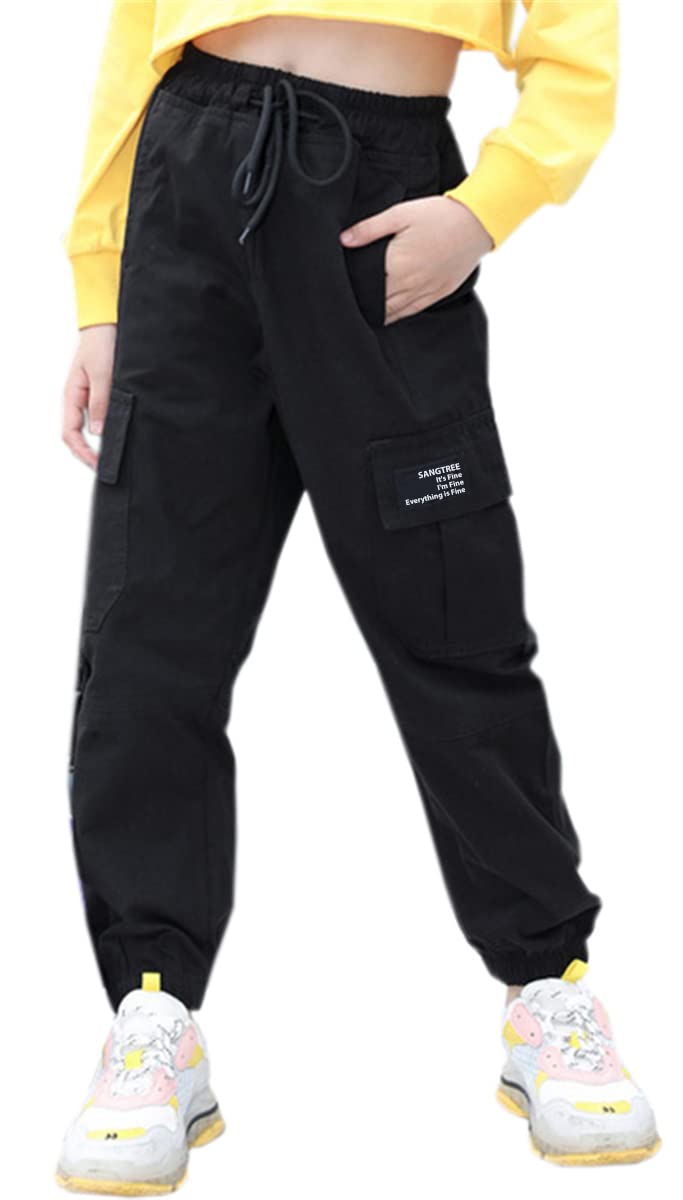 SANGTREEGirls & Women's Cargo Jogger Pants, 3 Years - Women 2XL, Black, Small
