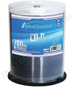 700MB Recordable CDs 100 Pack Optical Quantum Blue AZO CD-R 100 Pack - 700MB 52X Blank Recordable Discs With Printable Surface Inkjet Printable CD-R 700MB