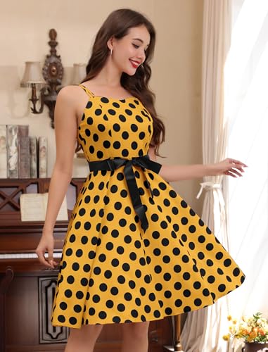 Image of Women Vintage Polka Dot 1950s Rockabilly Halter Audrey Dress Retro Floral Evening Cocktail Swing Dress