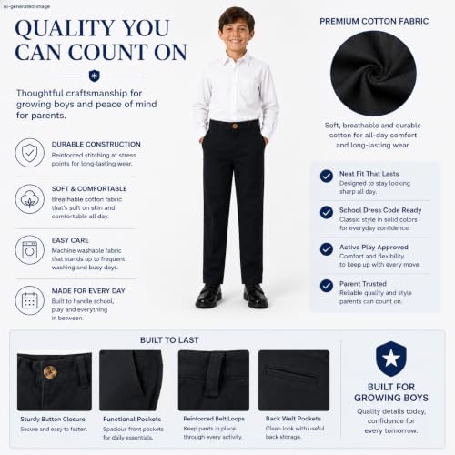 Image of Bienzoe Boys School Uniform Pants: Adjustable Waist Flat Front | Students Ages 6-13, Classroom Days, Picture Day, Awards, Open House, Chapel, Family Events, Lean-To-Regular Builds, Neat Look