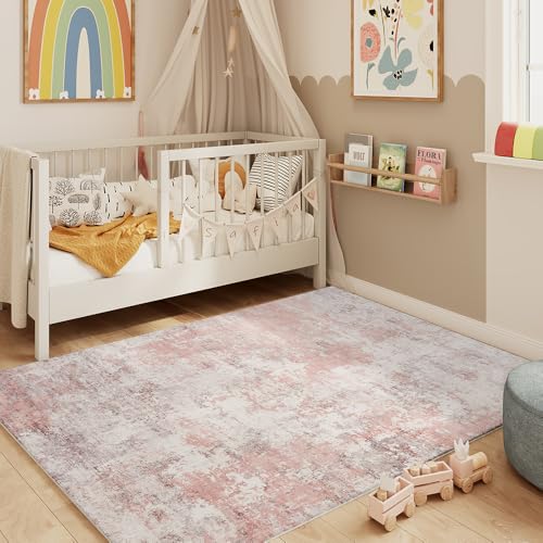 LIDALL 4x6 Pink Gray Washable Area Rug for Living Room, Vintage Print
