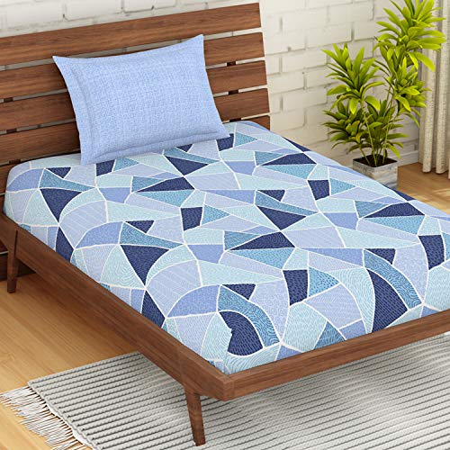 Image of Spaces Atrium 144 TC 100% Cotton Single Bedsheet with 1 Pillow Cover (Geometric, 60 inch X 88 inch Inches) - Serenity, Blue
