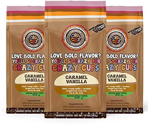 Crazy Cups Decaf Flavored Ground Coffee, Caramel Vanilla, in 10 oz Bags, For Brewing Flavored Hot or Iced Decaf Coffee, 3 Pack