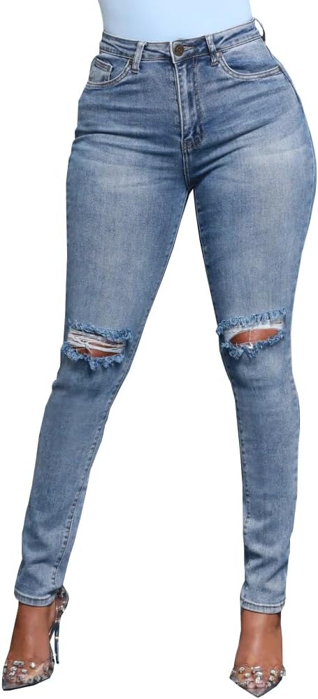 Skinny Jeans for Women Elastic High Waist Stretchy Classic Drawstring Slimming Jeggings Ripped Denim Trousers Pants