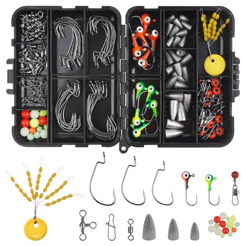 175pcs Fishing Accessories Kit Bass Trout Fishing Tackle Kit Including Jig Heads Hooks, Fishing Swivels, Bullet Fishing Weights, Worm Hooks Bass Fishing Freshwater Saltwater Fishing Gear Equipment