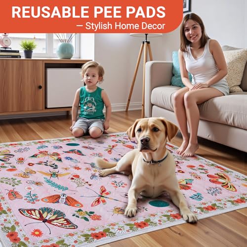 Image of Pink Washable Pee Pads for Dogs and Cats, 2 Pack 48 inchx36 inch Large Absorbent Reusable Puppy Pads for Potty Training, Waterproof Non-Slip Leakproof Whelping Pet Mat for Crate, Playpen, Kennel & Floors