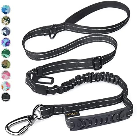 Hotsky Dog Leash for Large Dogs, Heavy Duty Tactical Dog Leash Rope with Control Handle Car Seatbelt Highly Reflective Threads, 4Ft 6Ft Retractable Bungee Dog Leash Tether with for Training, Black