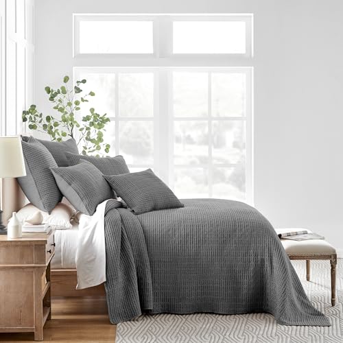 Image of Levtex Home Mills Waffle King Bedspread Set (120x104in) with 2 Pillow Shams (36x20in) - Charcoal - Cotton King Size Bedspread Set - Soft, Pre-Washed