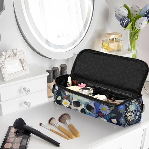 Bolso de viaje para herramientas de cabello para mujer con almohadilla resistente al calor, organizador grande para herramientas calientes como rizador, planchas y volumizador estilo gótico con diseño de calavera y flores en negro miniatura 7