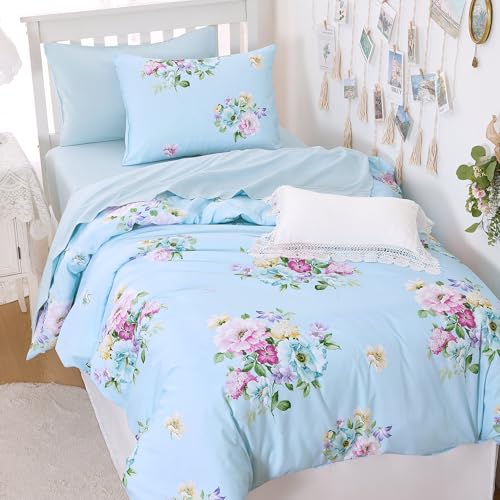 Image of Wake In Cloud - Floral Comforter Set, Shabby Chic Farmhouse Cottagecore Vintage Colorful Pastel Spring Flowers, Soft Lightweight Bedding for Women Girls, 3 Pieces, Blue, Twin /Twin XL Size