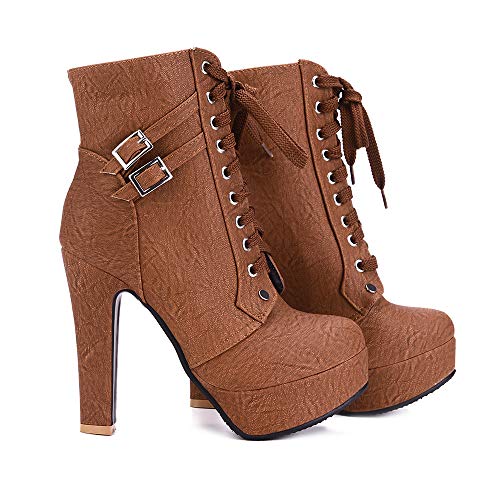 Susanny Women Autumn Round Toe Lace Up Ankle Buckle Chunky High Heel Platform Knight Brown Martin Boots 8.5 B (M) US (CN Size_41) - Thumbnail 5