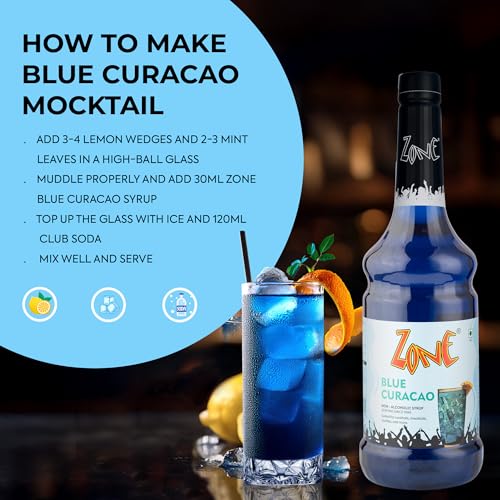 Image of Zone Blue Curacao Flavoured syrup 1000ml - Tropical Blue Citrus syrup for Mocktails, Cocktails, Coolers, Sodas, Lemonades & Summer Drinks | 1 Litre - More Servings, Perfect For Cafe Restaurants & Professional Use