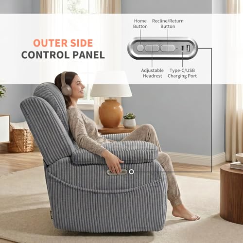 Image of EONIX Real Zero Clearance Wall Hugger Power Recliner Chair with Adjustable Headrest for Small Spaces, RV, Living Room, Bedroom, 24.4'' Seat Width, 400lbs Heavy Duty, SXXY017992, Corduroy, Dark Grey