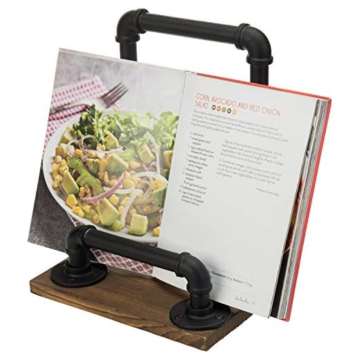 MyGift Rustic Industrial Metal Pipe and Burnt Brown Wood Cookbook Holder Kitchen Recipe Stand