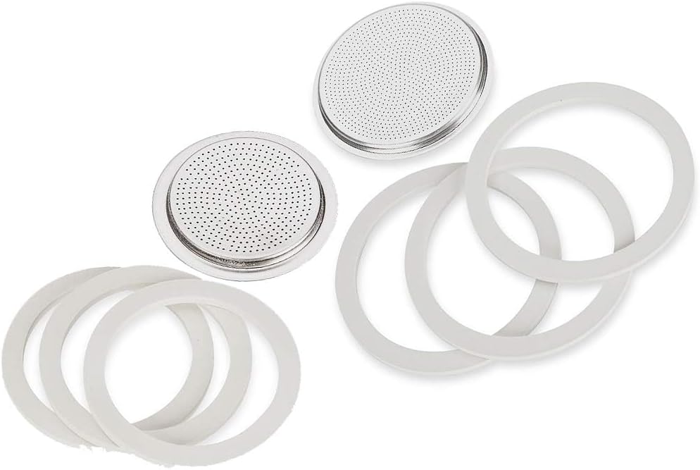 Bialetti Moka Express #06799 3-Cup Espresso Maker Machine and #06960 Bialetti, Six Replacement Gaskets and Two Bialetti Replacement Filter Plates Bundle