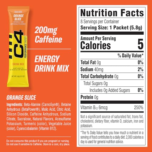 C4 Performance Energy, Orange Slice Drink Mix, 200mg Caffeine, Zero Sugar, NSF (2 Boxes, 16 Sticks) - Thumbnail 2