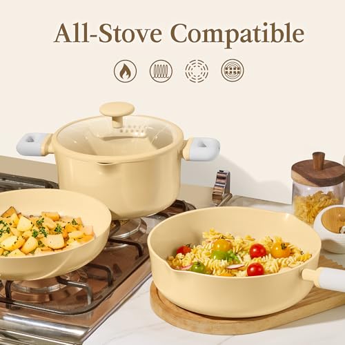 Image of CAROTE Pots and Pans Set Nonstick, Ceramic Cookware Set, Yellow Cooking Set Kitchen Induction Set with Steamer, PFAS PTFE Free,9 Piece