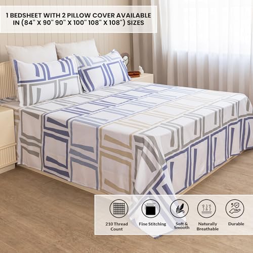 Image of HOMEMONDE Cotton Flat Sheet with Two Pillow Covers | Super Soft All-Season Bed Sheet for King Size Bed (108 x 108 Inches / 274 x 274 cm, Modern Maze), Multi | Perfect for Home Decor & Gifting