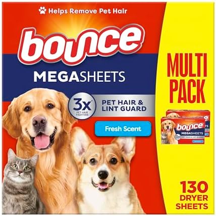 Bounce Pet Hair and Lint Guard Mega Dryer Sheets with 3X Pet Hair Fighters, Fresh Scent, 130 Count