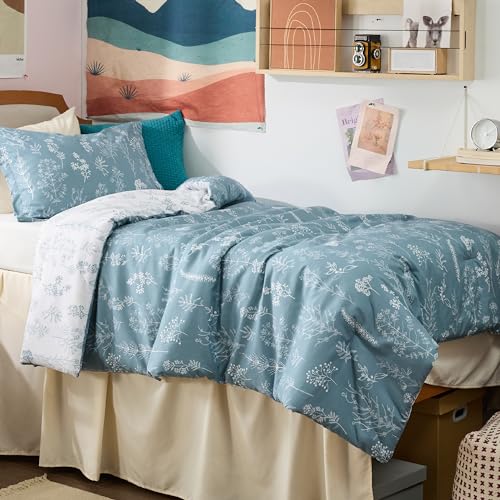 Image of Bedsure Twin /Twin XL Comforter Set - Mineral Blue Bed Set, 2 Pieces Cute Floral Bedding, 1 Soft Reversible Botanical Flowers Comforter and 1 Pillow Sham