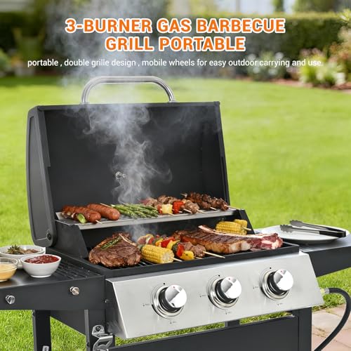 Image of EUHOME Stainless Steel 3-Burner Gas Grill, 25650 BTU Outdoor BBQ Grill with Side Table, 338 sq.in Cooking Area, Perfect for Patio, Deck & Family Barbecues