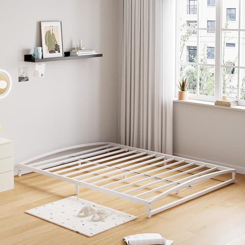 GarveeHome Low Bed Frame, 6 in Queen Size Metal Platform Bed Frame with Arch Design, Heavy Duty Bed Frame, Strong Bearing Capacity, No Box Spring Needed, White Queen White