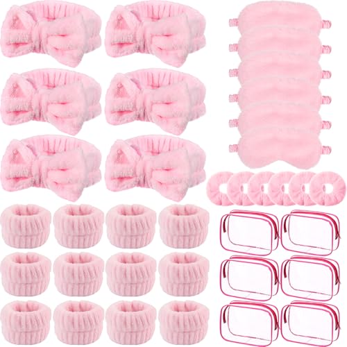 Hoteam 30 Pcs Sleepover Party Supplies Valentine Galentine Gift 6 Pink Spa Headband 6 Pink Plush Sleep Eye Mask 6 Velvet Scrunchies 6 Wristband 6 Clear Cosmetic Bags for Slumber Spa Party Favor