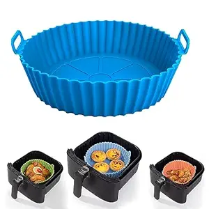 VIDHYADEVAM 1 PCS Air Fryer Liners I Round Silicone Basket Baking Tray I Pot with Ear Handles I Nonstick Reusable Heat Resistant I Cooking Oven Insert Accessories - (Multicolor) (1)
