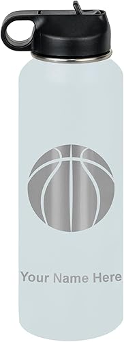 Miniatura 16 de LaserGram Botella de agua personalizada, pelota de baloncesto, acero inoxidable de doble pared aislada al vacío con popote superior, regalo grabado