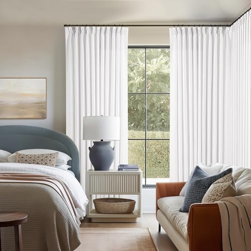 Image of Extra Wide Pinch Pleated Linen Curtains 90 Inches Long 70 Inch Width for Living Room Bedroom Light Filtering White Semi Sheer Pleat Window Curtain Pinch Pleated Drape with Hooks Rings 1 Panel 70x90