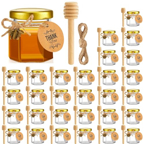 MIXMIO Mini Tarro Miel 45ml 30pcs, Mini Hexagonales Tarros de Miel de Cristal con Cucharones de Madera, Colgantes de Abejas Etiquetas de Papel Kraft Cuerda de Cáñamo Para Babyshower Regalos de Boda