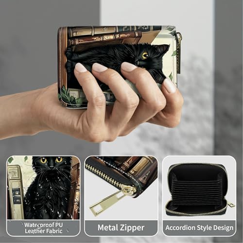Image of Cute Credit Card Holder with Zipper, Black Cat Books RFID-Blocking Card Case Small Wallet for Women Men, Multi-slot Card Organizer Case Travel Accordion Wallet