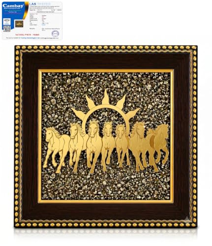 Image of CrystalPurna Original Pyrite 7 Horses Frame for Wealth Money Success & Prosperity | Vastu Seven Running Horses with Rising Sun Wall Decor | Natural Pyrite Crystal Wooden Frame for Home Office Living Room Positive Energy Gift