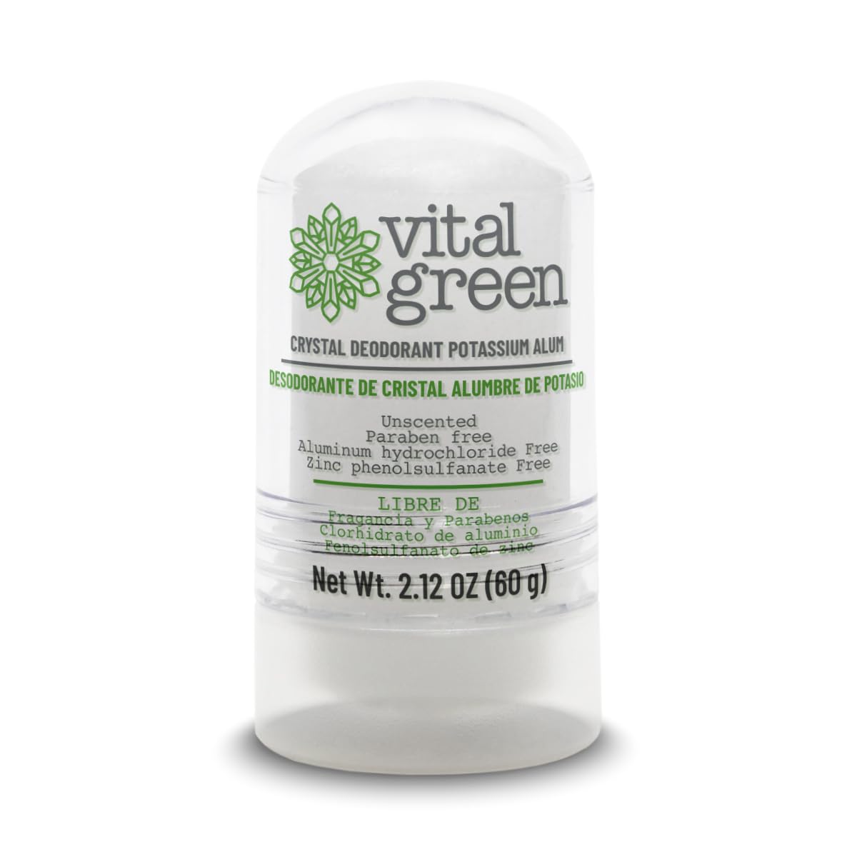 Vital Green Desodorante Cristal Alumbre de Potasio, sin Clorhidrato de Aluminio, Ni Alcohol, Elimina El Olor Y No Mancha - Para Hombres, Mujeres Y Deportistas - 60gr - 2.12oz - Paquete de 1 unidad