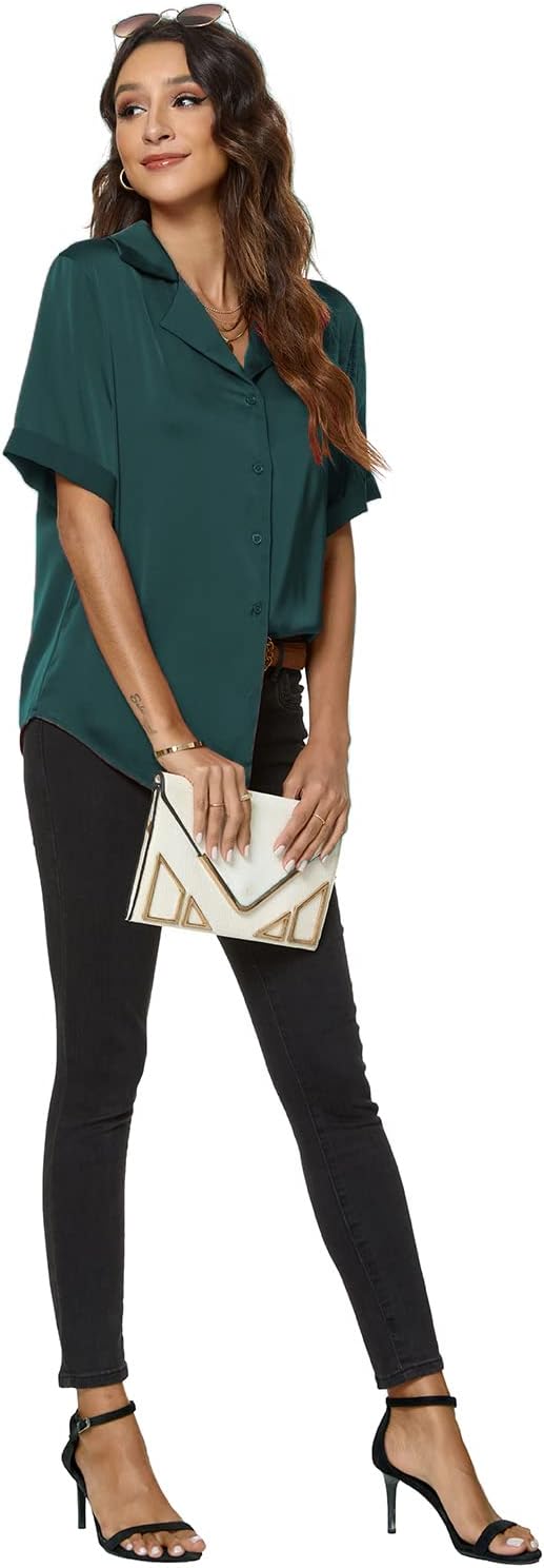 Atnlewhi Women's Short Sleeve Button Down Satin Silk Shirts Casual Business Work Office Blouse Top - Image 2