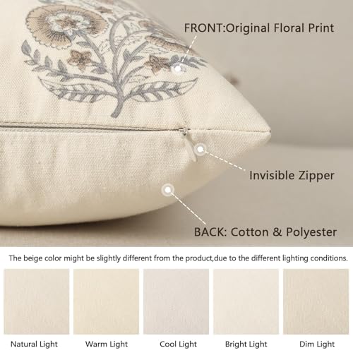 Image of YCOLL Vintage Floral Print Pillow Covers 12x20 Set of 2 Patterned Accent Decorative Cushion Covers Modern Farmhouse Throw Pillow Covers for Sofa Couch Chair Bed Living Room Home Decor, Light Brown
