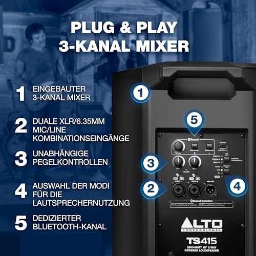ALTO TS415 2500 Watt 15-Zoll Aktiver PA-Lautsprecher mit 3-Kanal Mixer, Bluetooth-Streaming, Drahtloser Lautsprecherkopplung, DSP App